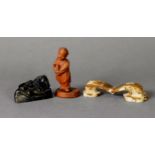 THREE ORIENTAL ITEMS TO INCLUDE: a boxwood carved figure with character marks to the base, a