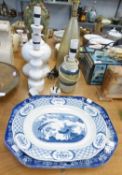 TWO VICTORIAN BLUE AND WHITE POTTERY LARGE MEAT DISHES AND FOUR TABLE LAMPS VARIOUS (6)