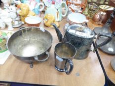 AN ENGRAVED ELECTROPLATE OVAL TEAPOT; AN ELECTROPLATE HALF PINT TANKARD AND AN ELECTROPLATE CIRCULAR