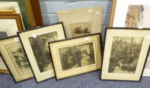 FOUR ORIGINAL ETCHINGS, A PAIR UNFRAMED OF DOGS AND ANOTHER AND AN ARTIST' SIGNED ETCHING (5)