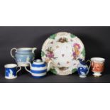 MIXED LOT OF 19TH CENTURY CERAMICS, including a Meissen hausmalerai floral shaving bowl, a sprig-