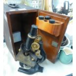 SPENCER BUFFALO VINTAGE MONOCULAR MICROSCOPE, BLACK ENAMELLED AND BRASS, IN MAHOGANY CASE, WITH