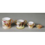THREE EARLY TWENTIETH CENTURY ROYAL WORCESTER SMALL/ MINIATURE BLUSH PORCELAIN MUGS, including two