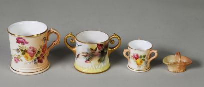 THREE EARLY TWENTIETH CENTURY ROYAL WORCESTER SMALL/ MINIATURE BLUSH PORCELAIN MUGS, including two