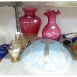 CRANBERRY GLASS JUG AND VASE, PLUS VODKA GLASSES, MOULDED CEILING DOME AND STOPPER (QUANTITY)
