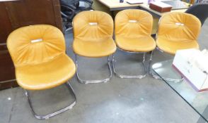 A SET OF FOUR LIBERTY BRIGHT TUBULAR STEEL CANTILEVER DINING CHAIRS, WITH LIGHT TAN LEATHER BACK AND