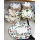 ROYAL CAULDON ‘VICTORIA’ PATTERN POTTERY DINNER SERVICE WITH PRINTED AND HAND-COLOURED FLORAL AND