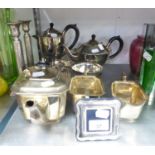 ART DECO STYLE THREE PIECE SILVER PLATED TEA SET, PLUS SIMILAR PERIOD FOUR PIECE TEA SET, SILVER