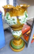 MAJOLICA MOULDED POTTERY JARDINIERE ON SHORT STAND, 25” (63.5cm) high, (2), re-glued rim chip to the