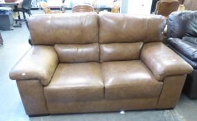 A BROWN HIDE TWO SEATER SETTEE WITH SADDLE ARMS, 6’ WIDE