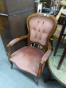 VICTORIAN STYLE MAHOGANY SHOW WOOD FRAMED BALLOON BACKED EASY ARMCHAIR, BUTTON UPHOLSTERED IN PINK
