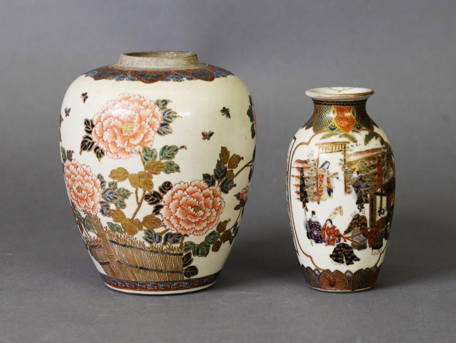 TWO PIECES OF EDO PERIOD JAPANESE SATSUMA WARES, one a ginger jar lacking cover, signed to the base,