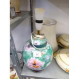 ORIENTAL PORCELAIN OVULAR VASE TABLE LAMP, WITH FLORAL DECORATION ON GREEN GROUND, WOODEN STAND