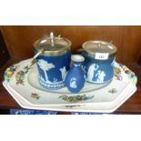 WEDGWOOD BLUE DIPPED JASPERWARE SWING HANDLED BISCUIT BARREL AND COVER, ANOTHER SIMILAR BY ETURIA,