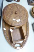 INDIAN CARVED TEAK WOOD CIRCULAR FOUR DIVISION SWEET MEATS BOWL AND COVER, WITH SMALL CENTRE