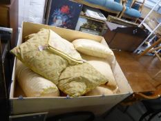 A LARGE BOX 3' X 4' CONTAINING A QUANTITY OF DECORATIVE CUSHIONS VARIOUS