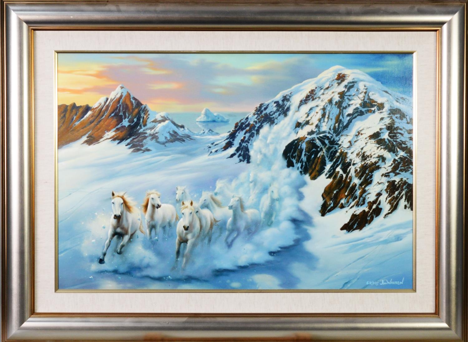 JIM WARREN ARTIST SIGNED LIMITED EDITION COLOUR PRINT Mountainous snow scene with galloping white - Image 2 of 2