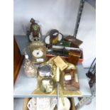 BRASS 'CORAL' BATTERY OPERATED MANTEL CLOCK, DOUBLE BELL ALARM CLOCK, ELECTROPLATE BERRY SPOONS IN