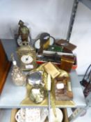 BRASS 'CORAL' BATTERY OPERATED MANTEL CLOCK, DOUBLE BELL ALARM CLOCK, ELECTROPLATE BERRY SPOONS IN