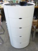DOLIO WHITE FINISH MODERN OVAL ‘DRUM’ CHEST OF FOUR GRADUATED DEEP DRAWERS AND THE CIRCULAR FREE-