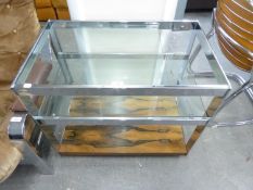 A BRIGHT STEEL THREE-TIER COFFEE TABLE, WITH TWO PLATE GLASS SHELVES AND HARDWOOD UNDERPLATFORM