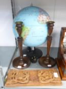 TWENTY FIRST CENTURY ILLUMINATED GLOBE (UNTESTED), PLUS A PAIR OF 1930's OAK CANDLESTICKS AND BOOK