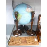 TWENTY FIRST CENTURY ILLUMINATED GLOBE (UNTESTED), PLUS A PAIR OF 1930's OAK CANDLESTICKS AND BOOK