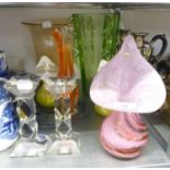ISLE OF WIGHT JACK-IN-THE-PULPIT VASE AND TWO OTHERS, LEAD CRYSTAL CANDLESTICKS, PLUS THREE