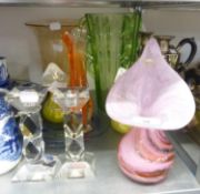 ISLE OF WIGHT JACK-IN-THE-PULPIT VASE AND TWO OTHERS, LEAD CRYSTAL CANDLESTICKS, PLUS THREE