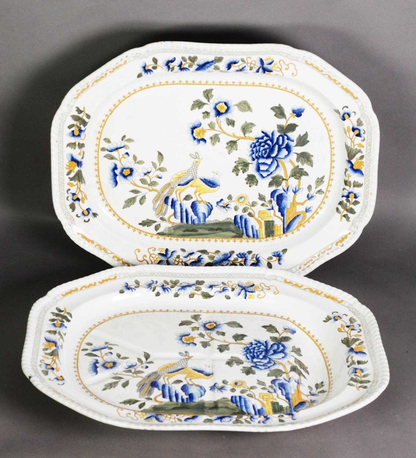 NINETEENTH CENTURY SPODE POTTERY TURKEY MEAT PLATE AND MATCHING PLATE, each of canted oblong form