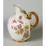 LATE VICTORIAN ROYAL WORCESTER BLUSH GROUND PORCELAIN JUG, of footed form with flattened back, cut