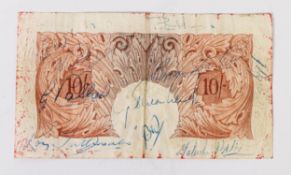 RED TEN SHILLING NOTE signed O'Brien Chief Cashier, circa 1955, bearing autographs of famous