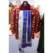 CHINESE WINE RED SILK TUNIC with all-over gold thread embroidery of mons and utensils, dress bow