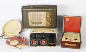 VIDOR VINTAGE BATTERY PORTABLE RADIO, in small suitcase pattern case, circa 1950; Grundig TKI