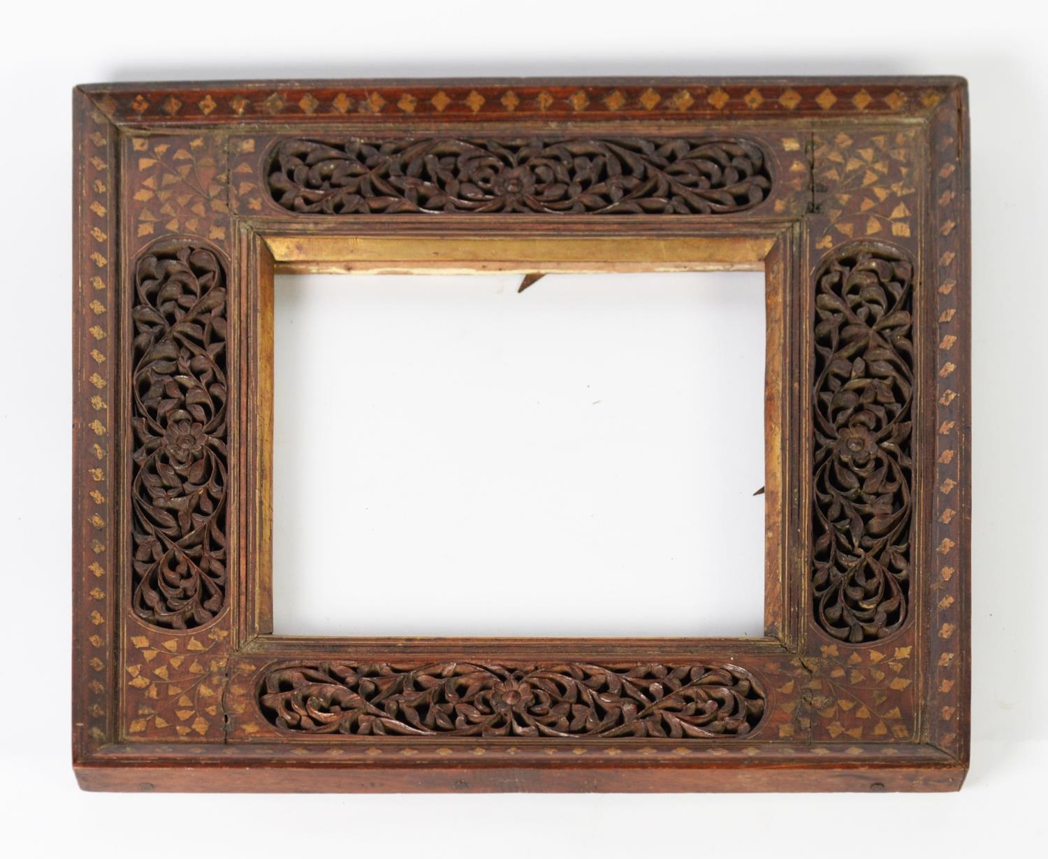 EARLY TWENTIETH CENTURY MIDDLE EASTERN ROSEWOOD AND GILT METAL INLAID SQUARE PICTURE FRAME, the