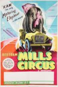 BERTRAM MILLS, CIRCA 1950s COLOUR PRINTED CIRCUS POSTER, featuring 'Kam the only Motoring Elephant