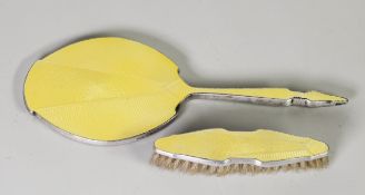 ART DECO DECORATED SILVER AND YELLOW GUILLOCHE ENAMEL HAND MIRROR, (minor losses) and matching