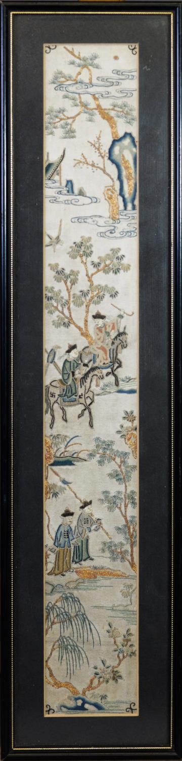 LATE 19th/EARLY 20th CENTURY CHINESE EMBROIDERED SILK SLEEVE OR PANEL depicting warriors on - Image 2 of 2