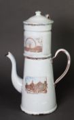 FRENCH, LATE 19th CENTURY TWO-PART WHITE ENAMEL COFFEE POT with three printed vignettes showing