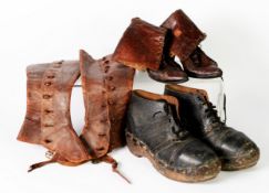 PAIR OF EARLY 20th CENTURY MENS WOOD SOLED WORKING SHOES, with black leather uppers, probably