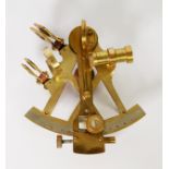 REPRODUCTION SMALL BRASS SEXTANT with plated metal registers, two stained glass filters,
