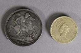 VICTORIAN SILVER CROWN COIN, old head, 1890 (fine) and a 1995 TWO POUND COIN issued to celebrate the