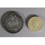 VICTORIAN SILVER CROWN COIN, old head, 1890 (fine) and a 1995 TWO POUND COIN issued to celebrate the