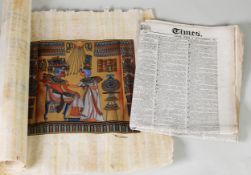 TWO ROLLED EGYPTIAN PAINTINGS ON PAPYRUS in an ancient Egyptian style, in tube and a copy of THE