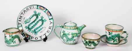 VINTAGE TINTAGEL STUDIO POTTERY BACHELORS TEA SET OF FIVE PIECES, simple painted design of a green