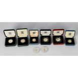 SIX ROYAL MINT SILVER PROOF COLLECTORS COINS, each boxed with certificate and plastic cased, viz