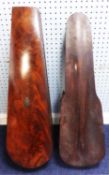 TWO LATE NINETEENTH CENTURY POLISHED WOOD VIOLIN CASES, one in flame cut mahogany, lacking interior,