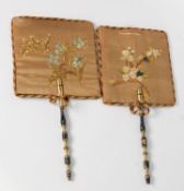 PAIR OF REGENCY FLORAL EMBROIDERED SILK HAND SCREENS, square with braided fabric borders, turned