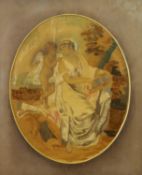 LATE 18th CENTURY PAINTED AND SILK WORK OVAL PICTURE OF A SEATED LADY IN CLASSICAL ROBES, in a