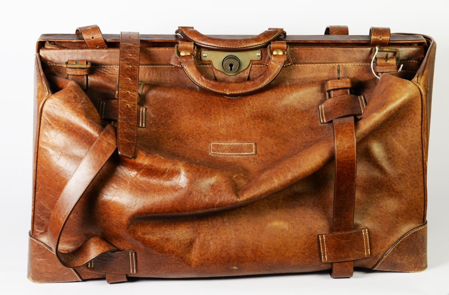 VERY LARGE VINTAGE BROWN LEATHER GLADSTONE BAG with short or long buckle fastening straps and centre